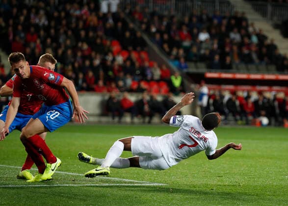 Raheem Sterling of England brought down by Lukas Masopust of Czech Republic in the box to earn a penalty during the UEFA EURO, EM, Europameisterschaft,Fussball 2020 Qualifying match at the Sinobo Stadium, Prague. Picture date: 11th October 2019. Picture credit should read: David Klein Sportimage EDITORIAL USE ONLY. No use with unauthorised audio, video, data, fixture lists, club league logos or live services. Online in-match use limited to 120 images, no video emulation. No use in betting, games or single club league player publications. SPI-0252-0054