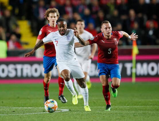 Raheem Sterling of England runs clear of Vladimir Coufal of Czech Republic during the UEFA EURO, EM, Europameisterschaft,Fussball 2020 Qualifying match at the Sinobo Stadium, Prague. Picture date: 11th October 2019. Picture credit should read: David Klein Sportimage EDITORIAL USE ONLY. No use with unauthorised audio, video, data, fixture lists, club league logos or live services. Online in-match use limited to 120 images, no video emulation. No use in betting, games or single club league player publications. SPI-0252-0073