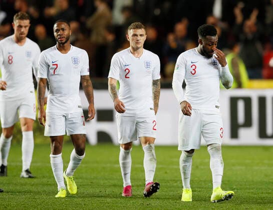 Raheem Sterling, Kieran Trippier and Danny Rose of England walk off dejected during the UEFA EURO, EM, Europameisterschaft,Fussball 2020 Qualifying match at the Sinobo Stadium, Prague. Picture date: 11th October 2019. Picture credit should read: David Klein Sportimage EDITORIAL USE ONLY. No use with unauthorised audio, video, data, fixture lists, club league logos or live services. Online in-match use limited to 120 images, no video emulation. No use in betting, games or single club league player publications. SPI-0252-0116