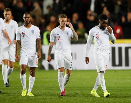 Raheem Sterling, Kieran Trippier and Danny Rose of England walk off dejected during the UEFA EURO, EM, Europameisterschaft,Fussball 2020 Qualifying match at the Sinobo Stadium, Prague. Picture date: 11th October 2019. Picture credit should read: David Klein Sportimage EDITORIAL USE ONLY. No use with unauthorised audio, video, data, fixture lists, club league logos or live services. Online in-match use limited to 120 images, no video emulation. No use in betting, games or single club league player publications. SPI-0252-0117