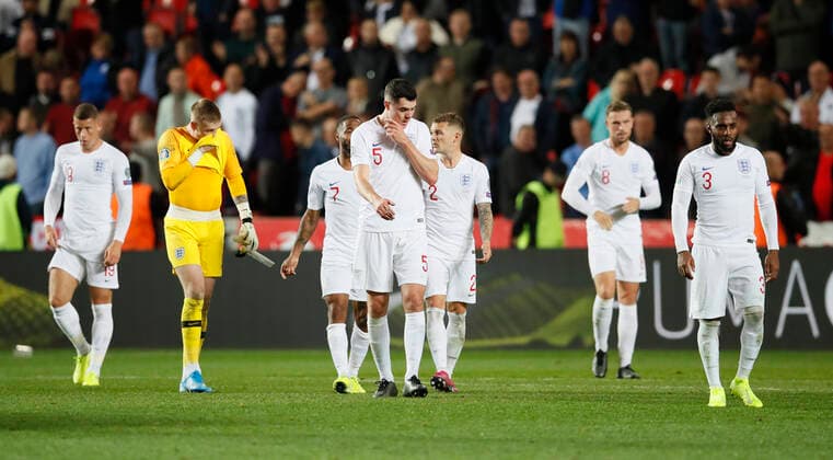 England players walk off dejected during the UEFA EURO, EM, Europameisterschaft,Fussball 2020 Qualifying match at the Sinobo Stadium, Prague. Picture date: 11th October 2019. Picture credit should read: David Klein Sportimage EDITORIAL USE ONLY. No use with unauthorised audio, video, data, fixture lists, club league logos or live services. Online in-match use limited to 120 images, no video emulation. No use in betting, games or single club league player publications. SPI-0252-0120