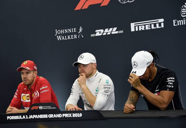 Formel 1, GP Japan, Pressekonferenz nach dem Rennen Suzuka, Japan, 13.09.2019, Formel 1, Formula 1, Japanese Grand Prix, Pressekonferenz, Sieger Valtteri Bottas (FIN 77), Mercedes-AMG Petronas Motorsport, 2.Platz für Sebastian Vettel (GER 5), Scuderia Ferrari Mission Winnow, 3.Platz für Lewis Hamilton (GB 44) ( Suzuka Suzuka International Racing Course Japan eu-images-09-506-041951