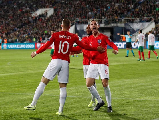 Ross Barkley of England celebrates his second goal of the night during the UEFA EURO, EM, Europameisterschaft,Fussball 2020 Qualifying match at the Vasil Levski National Stadium, Sofia. Picture date: 14th October 2019. Picture credit should read: David Klein Sportimage EDITORIAL USE ONLY. No use with unauthorised audio, video, data, fixture lists, club league logos or live services. Online in-match use limited to 120 images, no video emulation. No use in betting, games or single club league player publications. SPI-0253-0074