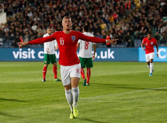 Ross Barkley of England celebrates his second goal of the night during the UEFA EURO, EM, Europameisterschaft,Fussball 2020 Qualifying match at the Vasil Levski National Stadium, Sofia. Picture date: 14th October 2019. Picture credit should read: David Klein Sportimage EDITORIAL USE ONLY. No use with unauthorised audio, video, data, fixture lists, club league logos or live services. Online in-match use limited to 120 images, no video emulation. No use in betting, games or single club league player publications. SPI-0253-0080