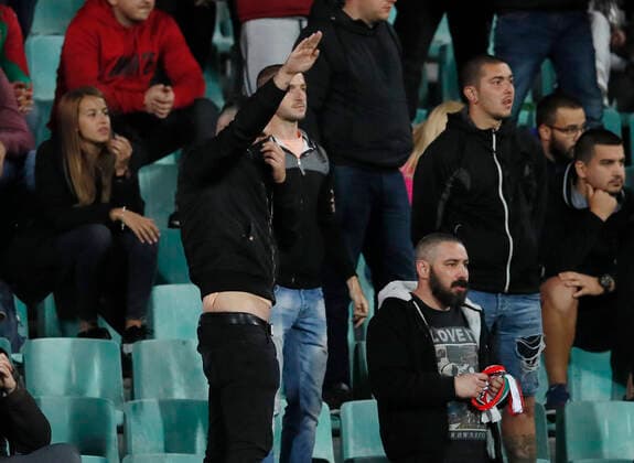 Sport Themen der Woche KW42 Sport Bilder des Tages A Bulgarian fan does a Nazi Salute during the UEFA EURO, EM, Europameisterschaft,Fussball 2020 Qualifying match at the Vasil Levski National Stadium, Sofia. Picture date: 14th October 2019. Picture credit should read: David Klein Sportimage EDITORIAL USE ONLY. No use with unauthorised audio, video, data, fixture lists, club league logos or live services. Online in-match use limited to 120 images, no video emulation. No use in betting, games or single club league player publications. SPI-0253-0083