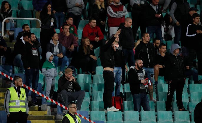 Bulgarian fan signals a nazi salute during the UEFA EURO, EM, Europameisterschaft,Fussball 2020 Qualifying match at the Vasil Levski National Stadium, Sofia. Picture date: 14th October 2019. Picture credit should read: David Klein Sportimage EDITORIAL USE ONLY. No use with unauthorised audio, video, data, fixture lists, club league logos or live services. Online in-match use limited to 120 images, no video emulation. No use in betting, games or single club league player publications. SPI-0253-0086