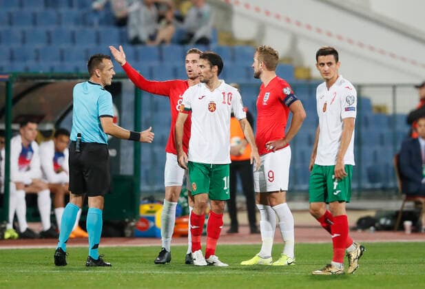 Jordan Henderson of England talks to referee Ivan Bebek during the UEFA EURO, EM, Europameisterschaft,Fussball 2020 Qualifying match at the Vasil Levski National Stadium, Sofia. Picture date: 14th October 2019. Picture credit should read: David Klein Sportimage EDITORIAL USE ONLY. No use with unauthorised audio, video, data, fixture lists, club league logos or live services. Online in-match use limited to 120 images, no video emulation. No use in betting, games or single club league player publications. SPI-0253-0089