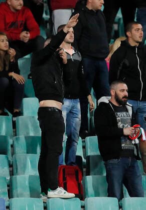 Bulgarian fan signals a nazi salute during the UEFA EURO, EM, Europameisterschaft,Fussball 2020 Qualifying match at the Vasil Levski National Stadium, Sofia. Picture date: 14th October 2019. Picture credit should read: David Klein Sportimage EDITORIAL USE ONLY. No use with unauthorised audio, video, data, fixture lists, club league logos or live services. Online in-match use limited to 120 images, no video emulation. No use in betting, games or single club league player publications. SPI-0253-0090