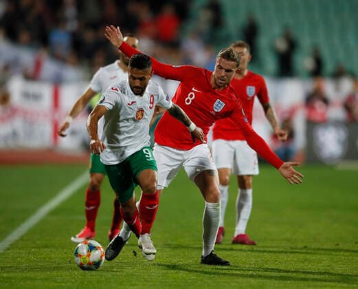 Wanderson of Bulgaria with Jordan Henderson of England during the UEFA EURO, EM, Europameisterschaft,Fussball 2020 Qualifying match at the Vasil Levski National Stadium, Sofia. Picture date: 14th October 2019. Picture credit should read: David Klein Sportimage EDITORIAL USE ONLY. No use with unauthorised audio, video, data, fixture lists, club league logos or live services. Online in-match use limited to 120 images, no video emulation. No use in betting, games or single club league player publications. SPI-0253-0098