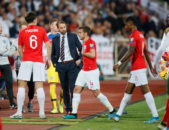 Gareth Southgate manager of England watches his players walk off at half time during the UEFA EURO, EM, Europameisterschaft,Fussball 2020 Qualifying match at the Vasil Levski National Stadium, Sofia. Picture date: 14th October 2019. Picture credit should read: David Klein Sportimage EDITORIAL USE ONLY. No use with unauthorised audio, video, data, fixture lists, club league logos or live services. Online in-match use limited to 120 images, no video emulation. No use in betting, games or single club league player publications. SPI-0253-0104