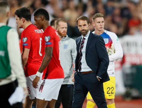 Gareth Southgate manager of England walks off at half time during the UEFA EURO, EM, Europameisterschaft,Fussball 2020 Qualifying match at the Vasil Levski National Stadium, Sofia. Picture date: 14th October 2019. Picture credit should read: David Klein Sportimage EDITORIAL USE ONLY. No use with unauthorised audio, video, data, fixture lists, club league logos or live services. Online in-match use limited to 120 images, no video emulation. No use in betting, games or single club league player publications. SPI-0253-0105
