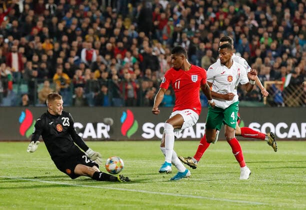 Plamen LLiev of Bulgaria saves from Marcus Rashford of England during the UEFA EURO, EM, Europameisterschaft,Fussball 2020 Qualifying match at the Vasil Levski National Stadium, Sofia. Picture date: 14th October 2019. Picture credit should read: David Klein Sportimage EDITORIAL USE ONLY. No use with unauthorised audio, video, data, fixture lists, club league logos or live services. Online in-match use limited to 120 images, no video emulation. No use in betting, games or single club league player publications. SPI-0253-0112
