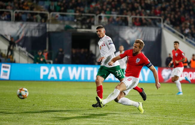 Harry Kane of England scores their sixth goal during the UEFA EURO, EM, Europameisterschaft,Fussball 2020 Qualifying match at the Vasil Levski National Stadium, Sofia. Picture date: 14th October 2019. Picture credit should read: David Klein Sportimage EDITORIAL USE ONLY. No use with unauthorised audio, video, data, fixture lists, club league logos or live services. Online in-match use limited to 120 images, no video emulation. No use in betting, games or single club league player publications. SPI-0253-0150