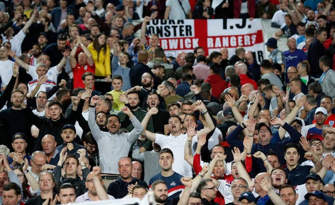 England fans celebrate the win during the UEFA EURO, EM, Europameisterschaft,Fussball 2020 Qualifying match at the Vasil Levski National Stadium, Sofia. Picture date: 14th October 2019. Picture credit should read: David Klein Sportimage EDITORIAL USE ONLY. No use with unauthorised audio, video, data, fixture lists, club league logos or live services. Online in-match use limited to 120 images, no video emulation. No use in betting, games or single club league player publications. SPI-0253-0162