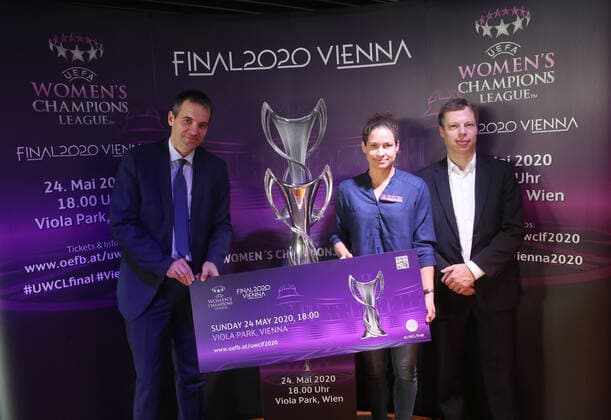 WOMEN SOCCER - CL, final, press conference, PK, Pressekonferenz VIENNA,AUSTRIA,04.NOV.19 - WOMEN SOCCER - UEFA Women s Champions League, final, preview, press conference. Image shows manager Markus Kraetschmer (A.Wien), Nina Burger and general secretary Thomas Hollerer (OEFB). GEPAxpictures xChristianxOrt