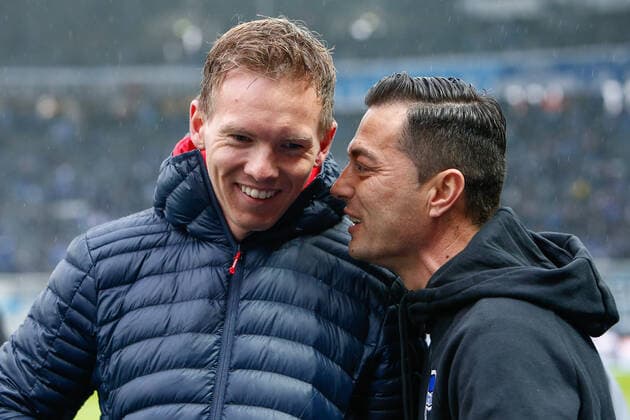 09.11.2019, xtgx, Fussball 1.Bundesliga, Hertha BSC Berlin - RB Leipzig emspor, v.l. Julian Nagelsmann (Leipzig, Trainer), Ante Covic (Hertha, Trainer) lacht, lächelt, zufrieden, glücklich, happy, lachen (DFL DFB REGULATIONS PROHIBIT ANY USE OF PHOTOGRAPHS as IMAGE SEQUENCES and or QUASI-VIDEO) Berlin