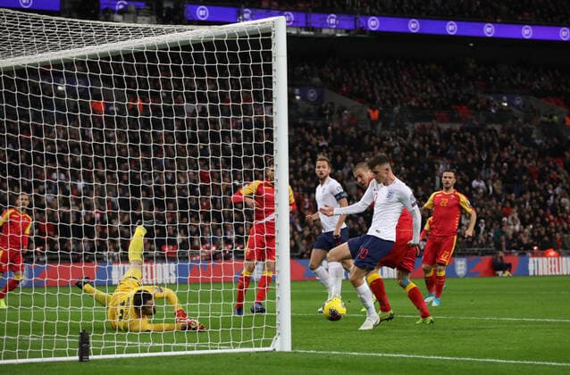 Mason Mount (E) taps the ball into the goal, but the effort was ruled offside. Today s game between England and Montenegro is England s 1000th senior men s international match, Länderspiel, Nationalmannschaft and it is England v Montenegro EUFA EURO Qualifier, EM, Europameisterschaft at Wembley Stadium, London, on November 14, 2019. **Editorial use only, license required for commercial use. No use in betting, games or a single club league player publications**