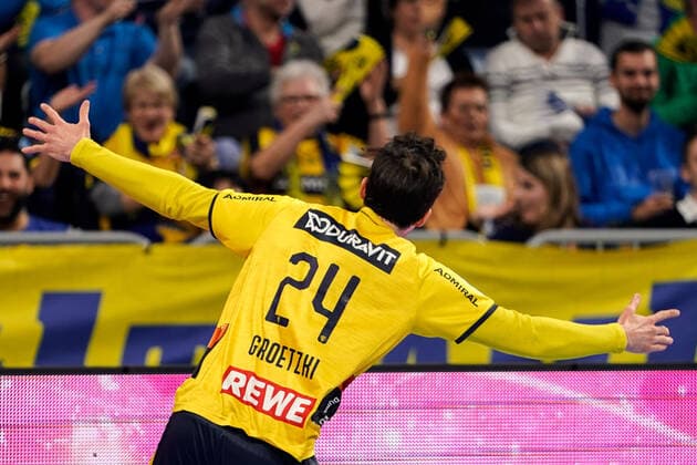 Torschütze Patrick Groetzki (RNL, 24), jubelt über ein Tor, Jubel, Torjubel, Torerfolg, celebrate the goal, goal, celebration, Jubel ueber das Tor, optimistisch, Spielszene, Highlight, Einzelbild, Action, Aktion, 04.12.2019, Mannheim (Deutschland), Handball, DHB-Pokal, Rhein-Neckar Löwen - TSV Hannover-Burgdorf