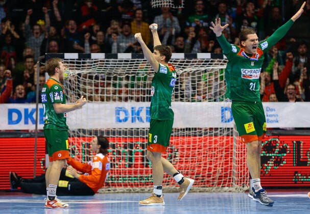 05.12.2019, xtgx, Handball Liqui Moly HBL, SC Magdeburg - SG Flensburg-Handewitt emspor, v.l. Albin Lagergren (Magdeburg, 23), Piotr Chrapkowski (Magdeburg, 3), Erik Schmidt (Magdeburg, 21) Jubel ueber den Sieg, Jubel nach Spielende GETEC Arena