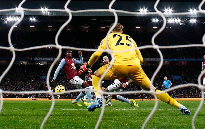 Sergio Aguero of Manchester City scores his second goal during the Premier League match at Villa Park, Birmingham. Picture date: 12th January 2020. Picture credit should read: Darren Staples Sportimage EDITORIAL USE ONLY. No use with unauthorised audio, video, data, fixture lists, club league logos or live services. Online in-match use limited to 120 images, no video emulation. No use in betting, games or single club league player publications. SPI-0432-0106