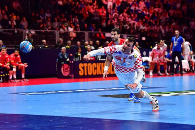 Handball Europameisterschaft Finale, 26.01.2020, Spanien - Kroatien, Tele2 Arena, Stockholm Domagoj Duvnjak (Kroatien, 5) Siebenmeter Action Wurf Torwurf, 26.01.2020, Stockholm (Schweden), Handball, EM 2020, Finale, Kroatien - Spanien