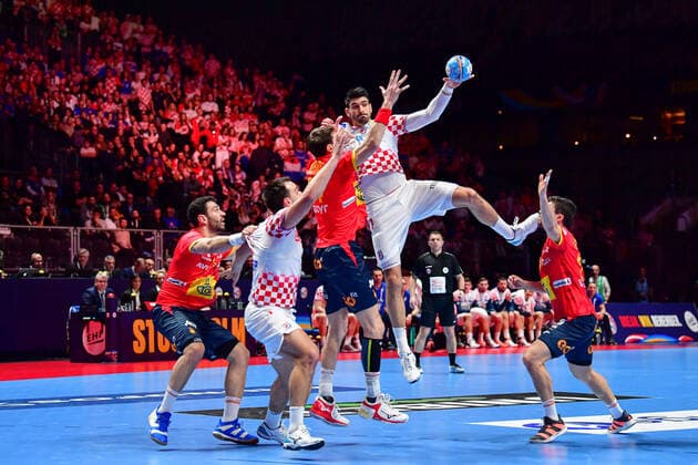 Handball Europameisterschaft Finale, 26.01.2020, Spanien - Kroatien, Tele2 Arena, Stockholm Luka Stepancic (Kroatien, 7) beim Sprungwurf Action Torwurf Emotionen, 26.01.2020, Stockholm (Schweden), Handball, EM 2020, Finale, Kroatien - Spanien