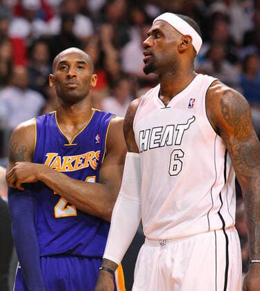 February 10, 2013, Miami, FL, USA: Kobe Bryant, left, and Lebron James during the third quarter of a regular season NBA, Basketball Herren, USA game between the Los Angeles Lakers and the Miami Heat at the AmericanAirlines Arena in Miami on Sunday, February 10, 2013. The Miami Heat defeated the Los Angeles Lakers 107-97. Kobe Bryant - ZUMAm67_ 20130210_zaf_m67_088 Copyright: xDavidxSantiagox