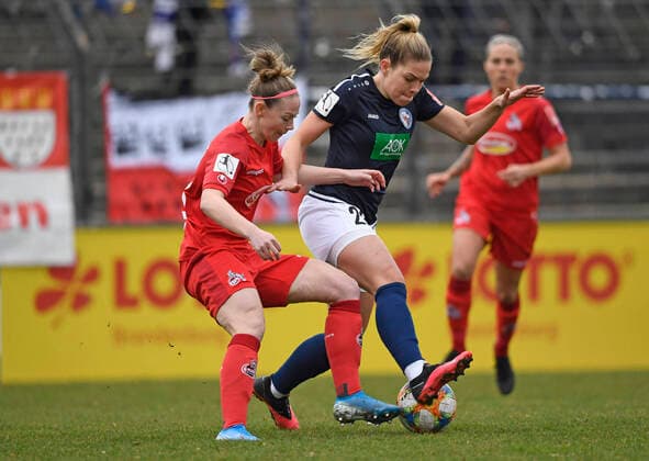 v.l.: Romina Frommont (Köln), Nina Ehegötz (Ehegoetz, Potsdam, 22), 1.FFC Turbine Potsdam - 1. FC Köln, Fußball, Frauen, Bundesliga, Saison 2019 2020, Potsdam, 16.02.2020, Deutschland, DFB DFL REGULATIONS PROHIBIT ANY USE OF PHOTOGRAPHS AS IMAGE SEQUENCES AND OR QUASI-VIDEO.