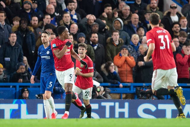 Anthony Martial of Manchester United, ManU celebrates scoring the opening goal during the Premier League match between Chelsea and Manchester United at Stamford Bridge, London, England on 17 February 2020. ( UKSP Espa-Images) Chelsea v Manchester United Premier League 17 02 2020. - ZUMAcs12 20200217_zaf_cs12_061 Copyright: xESPAxPhotoxAgencyx