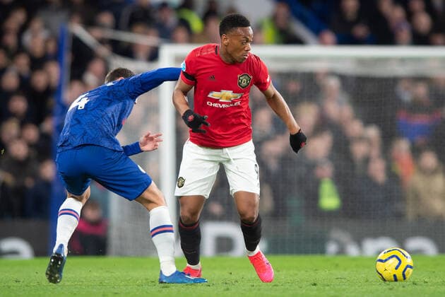 Anthony Martial of Manchester United, ManU fights for the ball with Andreas Christensen of Chelsea during the Premier League match between Chelsea and Manchester United at Stamford Bridge, London, England on 17 February 2020. Salvio Calabrese...Editorial use only, license required for commercial use. No use in betting, games or a single club league player publications. Chelsea v Manchester United Premier League 17 02 2020. - ZUMAcs12 20200217_zaf_cs12_071 Copyright: xESPAxPhotoxAgencyx