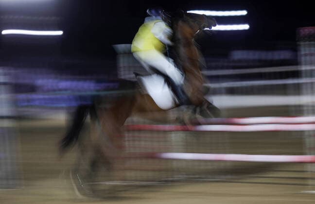 February 27, 2020, Gaza City, Gaza Strip, Palestinian Territory: A Palestinian horse rider on his horse jumps over a barrier during the first championship in jump barriers for the year 2020, on February 27, 2020 Middle East News - February 27, 2020 - ZUMAap3_ 97337382st Copyright: xMahmoudxAjjourx