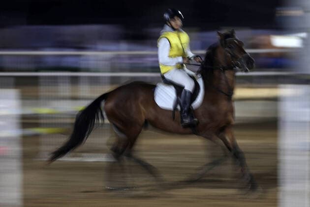February 27, 2020, Gaza City, Gaza Strip, Palestinian Territory: Palestinian competitors ride their horses during the first championship in jump barriers for the year 2020, on February 27, 2020 Middle East News - February 27, 2020 - ZUMAap3_ 97337387st Copyright: xMahmoudxAjjourx