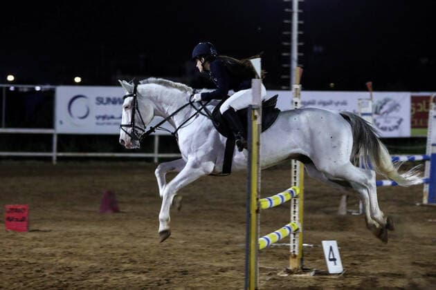 February 27, 2020, Gaza City, Gaza Strip, Palestinian Territory: A Palestinian horse rider on his horse jumps over a barrier during the first championship in jump barriers for the year 2020, on February 27, 2020 Middle East News - February 27, 2020 - ZUMAap3_ 97337391st Copyright: xMahmoudxAjjourx