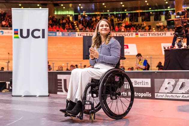 01.03.2020, Berlin, Berlin: 2020 Track cycling, Rad, Radsport, Bahnrad, Bahn World Championships: Die im Juni 2018 verünglückte Bahnradsprinterin Kristina Vogel - mehrfache Olympiasiegerin, Welt-, Europa- und Deutsche Meisterin - bekommt vom Präsidenten des Rad-Weltsportverbandes (UCI), David Lappartient, die UCI-Merit überreicht. UCI Merit ist die höchste Auszeichnung der UCI. 2020 Track Cycling World Championships Berlin Copyright: xEibner-Pressefotox EP_Ham