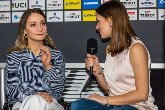 01.03.2020, Berlin, Berlin: 2020 Track cycling, Rad, Radsport, Bahnrad, Bahn World Championships: Die im Juni 2018 verünglückte Bahnradsprinterin Kristina Vogel - mehrfache Olympiasiegerin, Welt-, Europa- und Deutsche Meisterin - wird von ihrer ehemaligen Teamkollegin - ebenfalls Olympiasiegerin, Welt- Europa- und Deutsche Meisterin - Miriam Welte, interviewt. 2020 Track Cycling World Championships Berlin Copyright: xEibner-Pressefotox EP_Ham