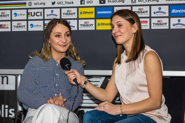 01.03.2020, Berlin, Berlin: 2020 Track cycling, Rad, Radsport, Bahnrad, Bahn World Championships: Die im Juni 2018 verünglückte Bahnradsprinterin Kristina Vogel - mehrfache Olympiasiegerin, Welt-, Europa- und Deutsche Meisterin - wird von ihrer ehemaligen Teamkollegin - ebenfalls Olympiasiegerin, Welt- Europa- und Deutsche Meisterin - Miriam Welte, interviewt. 2020 Track Cycling World Championships Berlin Copyright: xEibner-Pressefotox EP_Ham