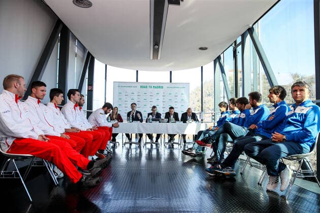 TENNIS - Davis Cup, AUT vs URU GRAZ,AUSTRIA,05.MAR.20 - TENNIS - ITF Davis Cup, Austria vs Uruguay, preview, draw. Image shows athletes of Austria, president, Christina Toth (OETV), Kurt Hohensinner (Graz), Martin Corrie, referee Andreas Egli, general secretary Rubek Orlando (URU) and the athletes of Uruguay. GEPAxpictures xMaticxKlansek