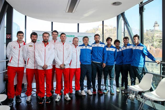 TENNIS - Davis Cup, AUT vs URU GRAZ,AUSTRIA,05.MAR.20 - TENNIS - ITF Davis Cup, Austria vs Uruguay, preview, draw. Image shows Sebastian Ofner (AUT), Juergen Melzer (AUT), Oliver Marach (AUT), Jurij Rodionov, Dennis Novak (AUT) and captain Stefan Koubek (AUT) with captain Enrique Perez Cassarino (URU), Martin Cuevas (URU), Pablo Cuevas (URU), Francisco Llanes (URU), Franco Roncadelli (URU) and Ariel Behar (URU). GEPAxpictures xMaticxKlansek