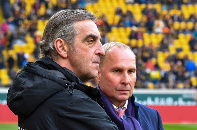 v.l.: Geschäftsführer Ralf Minge (Dresden), Präsident Helge Leonhardt (Aue), 08.03.2020, Fussball, GER, Saison 2019 2020, 2. Bundesliga, 25. Spieltag, Rudolf-Harbig-Stadion Dresden, SG Dynamo Dresden - FC Erzgebirge Aue, DFL REGULATIONS PROHIBIT ANY USE OF PHOTOGRAPHS as IMAGE SEQUENCES and or QUASI-VIDEO,