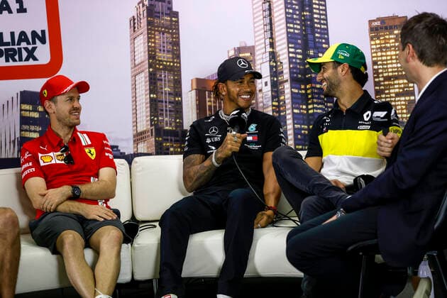 Motorsports: FIA Formula One World Championship, WM, Weltmeisterschaft 2020, Grand Prix of Australia, 5 Sebastian Vettel (GER, Scuderia Ferrari Mission Winnow), 44 Lewis Hamilton (GBR, Mercedes-AMG Petronas Formula One Team), 3 Daniel Ricciardo (AUS, Renault F1 Team), Melbourne Australia