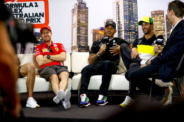 Motorsports: FIA Formula One World Championship, WM, Weltmeisterschaft 2020, Grand Prix of Australia, 5 Sebastian Vettel (GER, Scuderia Ferrari Mission Winnow), 44 Lewis Hamilton (GBR, Mercedes-AMG Petronas Formula One Team), 3 Daniel Ricciardo (AUS, Renault F1 Team), Melbourne Australia