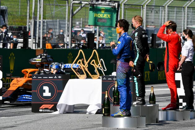 Motorsports: FIA Formula One World Championship, WM, Weltmeisterschaft 2020, Grand Prix of Austria Motorsports: FIA Formula One World Championship 2020, Grand Prix of Austria, 4 Lando Norris (GBR, McLaren F1 Team), 77 Valtteri Bottas (FIN, Mercedes-AMG Petronas Formula One Team), 16 Charles Leclerc (MCO, Scuderia Ferrari Mission Winnow),