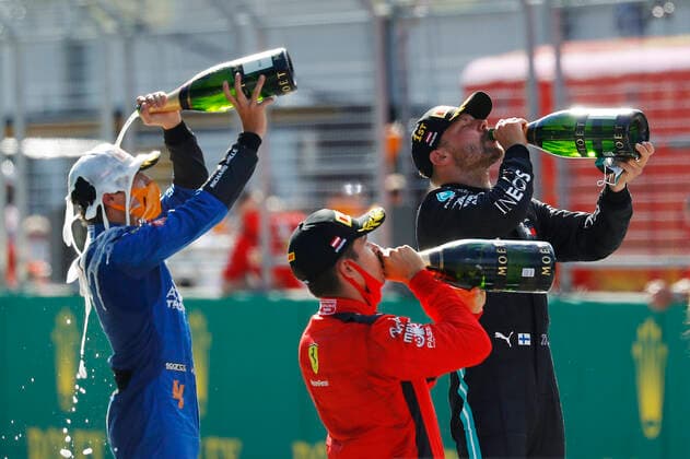 Motorsports: FIA Formula One World Championship, WM, Weltmeisterschaft 2020, Grand Prix of Austria Motorsports: FIA Formula One World Championship 2020, Grand Prix of Austria, 16 Charles Leclerc (MCO, Scuderia Ferrari Mission Winnow), 4 Lando Norris (GBR, McLaren F1 Team), 77 Valtteri Bottas (FIN, Mercedes-AMG Petronas Formula One Team),