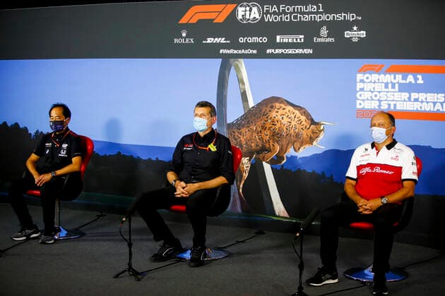 Motorsports: FIA Formula One World Championship, WM, Weltmeisterschaft 2020, Grand Prix of Styria Motorsports: FIA Formula One World Championship 2020, Grand Prix of Styria, Toyoharu Tanabe (JPN, F1 Technical Director Honda), Guenther Steiner (ITA, Haas F1 Team), Frederic Vasseur (FRA, Alfa Romeo Racing),