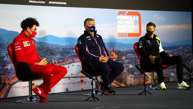 Motorsports: FIA Formula One World Championship, WM, Weltmeisterschaft 2020, Grand Prix of Hungary Motorsports: FIA Formula One World Championship 2020, Grand Prix of Hungary, Mattia Binotto (ITA, Scuderia Ferrari Mission Winnow), Otmar Szafnauer (ROU, BWT Racing Point F1 Team), Marcin Budkowski (POL, Renault DP World F1 Team),