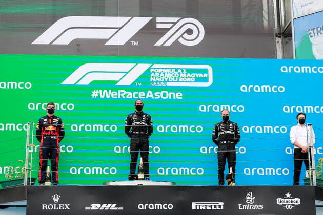 Motorsports: FIA Formula One World Championship, WM, Weltmeisterschaft 2020, Grand Prix of Hungary Motorsports: FIA Formula One World Championship 2020, Grand Prix of Hungary, 33 Max Verstappen (NLD, Aston Martin Red Bull Racing), 44 Lewis Hamilton (GBR, Mercedes-AMG Petronas Formula One Team), 77 Valtteri Bottas (FIN, Mercedes-AMG Petronas Formula One Team),