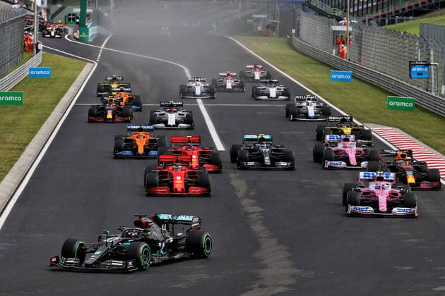 Motorsports: FIA Formula One World Championship, WM, Weltmeisterschaft 2020, Grand Prix of Hungary Motorsports: FIA Formula One World Championship 2020, Grand Prix of Hungary, Start, 44 Lewis Hamilton (GBR, Mercedes-AMG Petronas Formula One Team), 18 Lance Stroll (CAN, BWT Racing Point F1 Team), 5 Sebastian Vettel (GER, Scuderia Ferrari Mission Winnow), 16 Charles Leclerc (MCO, Scuderia Ferrari Mission Winnow), 33 Max Verstappen (NLD, Aston Martin Red Bull Racing), 77 Valtteri Bottas (FIN, Mercedes-AMG Petronas Formula One Team), 11 Sergio Perez (MEX, BWT Racing Point F1 Team), 55 Carlos Sainz (ESP, McLaren F1 Team),
