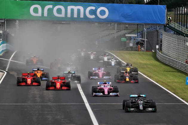 Motorsports: FIA Formula One World Championship, WM, Weltmeisterschaft 2020, Grand Prix of Hungary Motorsports: FIA Formula One World Championship 2020, Grand Prix of Hungary, Start, 44 Lewis Hamilton (GBR, Mercedes-AMG Petronas Formula One Team), 18 Lance Stroll (CAN, BWT Racing Point F1 Team), 5 Sebastian Vettel (GER, Scuderia Ferrari Mission Winnow), 16 Charles Leclerc (MCO, Scuderia Ferrari Mission Winnow), 33 Max Verstappen (NLD, Aston Martin Red Bull Racing), 77 Valtteri Bottas (FIN, Mercedes-AMG Petronas Formula One Team), 11 Sergio Perez (MEX, BWT Racing Point F1 Team), 55 Carlos Sainz (ESP, McLaren F1 Team),