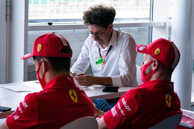Motorsports: FIA Formula One World Championship, WM, Weltmeisterschaft 2020, Grand Prix of Great Britain Motorsports: FIA Formula One World Championship 2020, Grand Prix of Great Britain, Mattia Binotto (ITA, Scuderia Ferrari Mission Winnow), 16 Charles Leclerc (MCO, Scuderia Ferrari Mission Winnow), 5 Sebastian Vettel (GER, Scuderia Ferrari Mission Winnow),