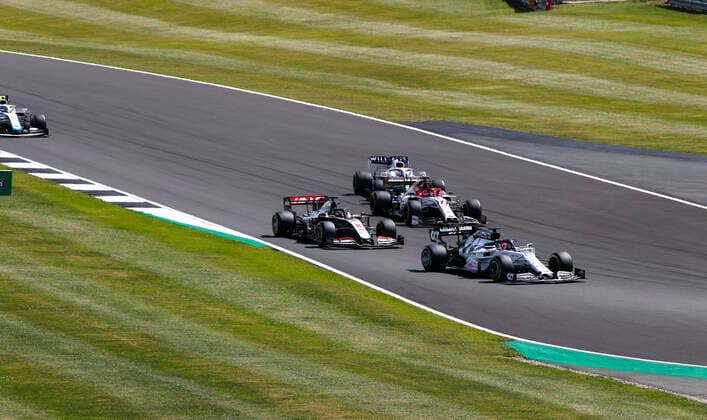 Motorsports: FIA Formula One World Championship, WM, Weltmeisterschaft 2020, Grand Prix of Great Britain, 26 Daniil Kvyat (RUS, Scuderia AlphaTauri Honda), 8 Romain Grosjean (FRA, Haas F1 Team), 7 Kimi Raikkonen (FIN, Alfa Romeo Racing ORLEN), 63 George Russell (GBR, Williams Racing), Silverstone Great Britain